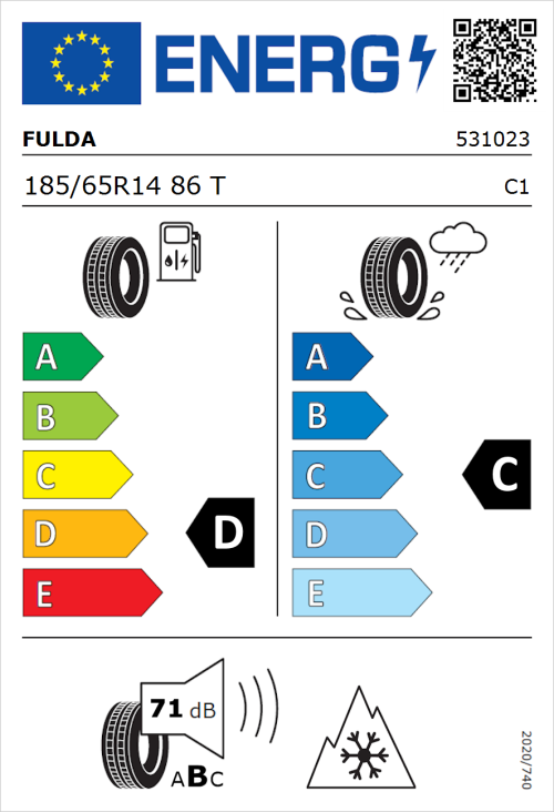 Tyre Label for Fulda Kristall Montero 3 185/65R14 86T
