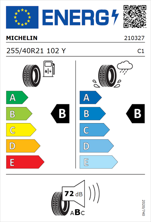 Tyre Label for Michelin Pilot Sport EV 255/40R21 102Y