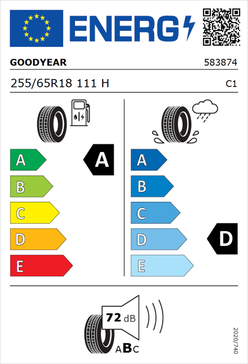 Tyre Label for Goodyear Wrangler AT/SA 255/65R18 111H