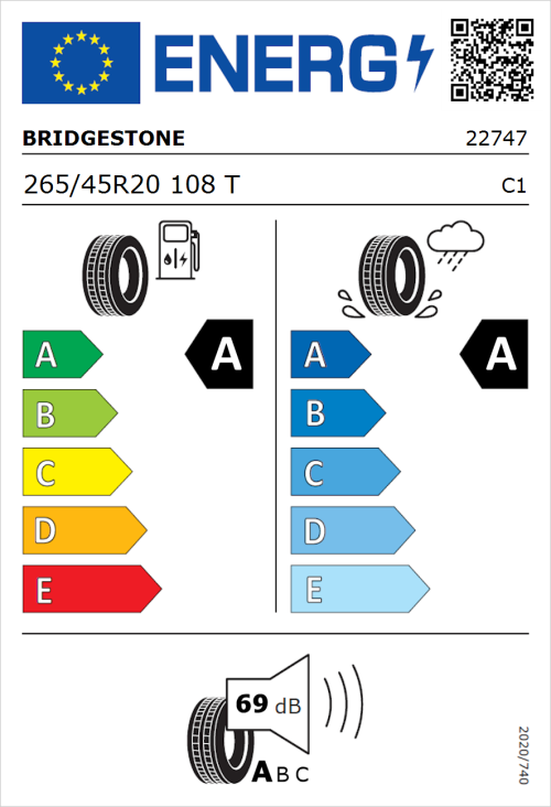 Tyre Label for Bridgestone Turanza Eco 265/45R20 108T