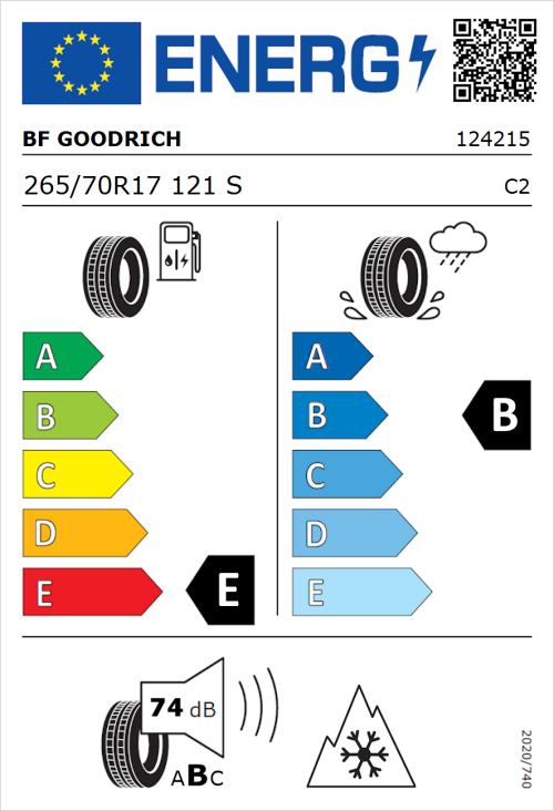 Tyre Label for BF Goodrich All Terrain T/A KO2 RWL 265/70R17 121S