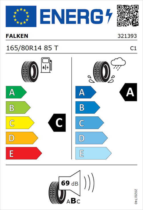 Tyre Label for Falken Sincera SN832 Ecorun 165/80R14 85T