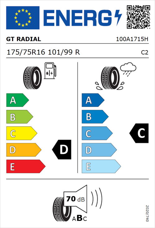 Tyre Label for GT Radial MAXMILER EX 175/75R16 101/99R