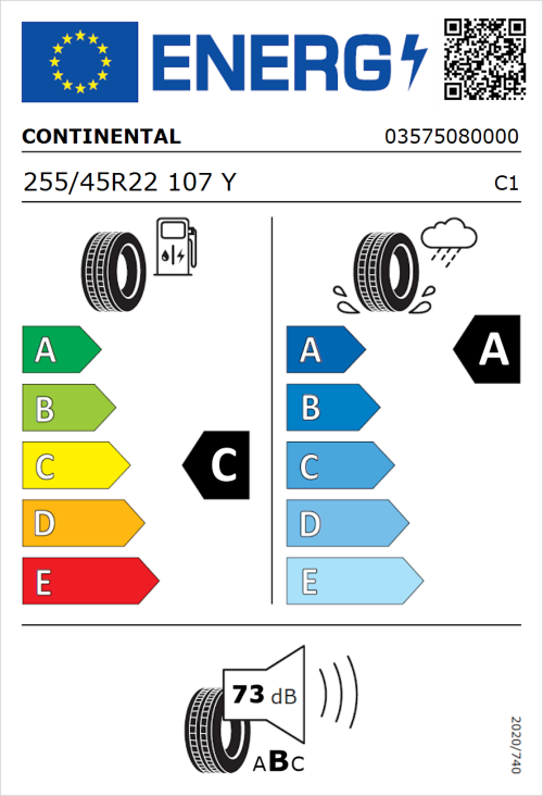 Tyre Label for Continental ContiSportContact 5 Silent 255/45R22 107Y